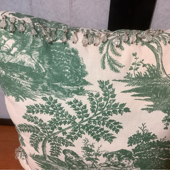 2 Pillow Shams Green Toile & Throw Pillow Glass Beaded Trim Custom Made Vintage - Picture 4 of 6
